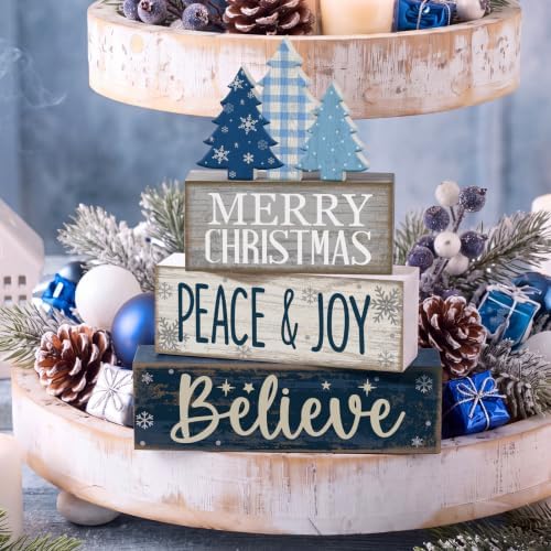 Moucuny 4 Pcs Christmas Table Decorations Blue Christmas Tree Stacked Wooden Sign Decor Rustic Winter Tiered Tray Decor Blue and White Xmas Table Centerpiece Farmhouse for Home Kitchen Shelf