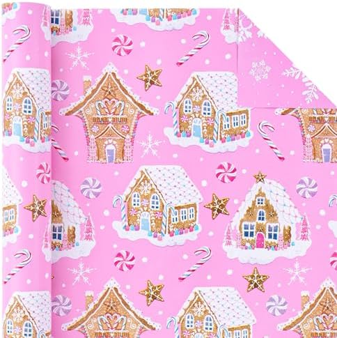 WRAPAHOLIC Reversible Gingerbread Christmas Wrapping Paper - Mini Roll - 17 Inch x 33 Feet - Pink Gingerbread House and Snowflake with Embossed for Christmas, Holiday, Party Celebration