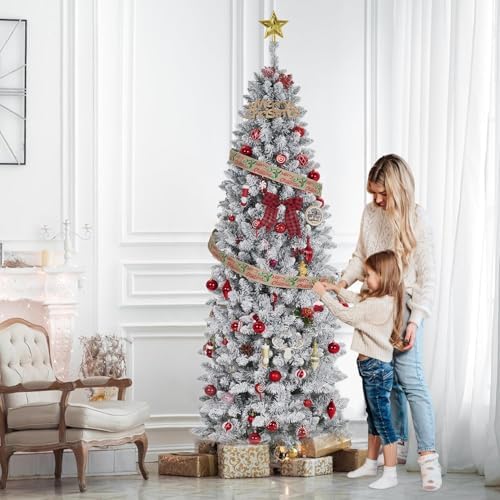 GarveeHome 6 ft Pencil Christmas Tree, Pre-Lit Frosted Artificial Tree, Skinny Xmas Trees Holiday Decoration, with LED Light and Metal Base