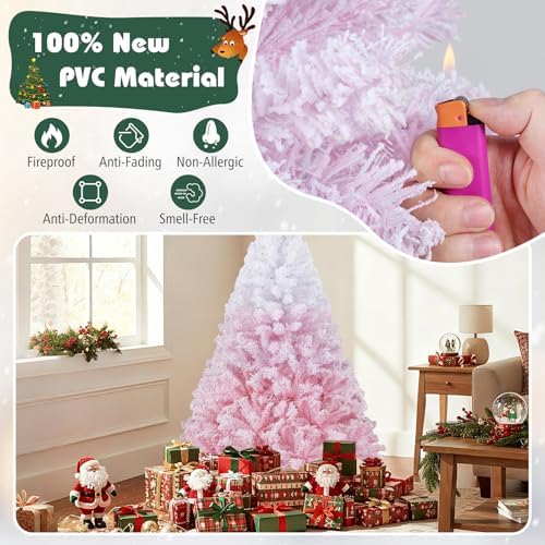 HAPPYGRILL 5 FT Pre-lit Flocked Christmas Tree Pink Hinged Xmas Tree with 456 Branch Tips, 180 Warm White LED Lights & Folding Metal Stand, for Home Office Carnival