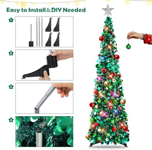 N&T NIETING Pop Up Christmas Tree with Lights & Ornaments,5FT, Peacock Blue