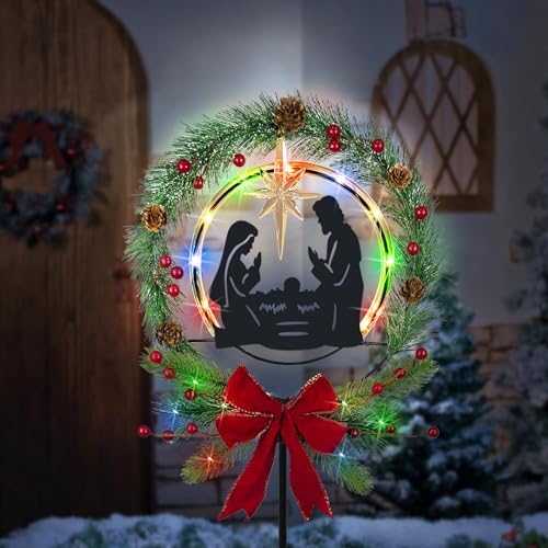 Nativity Scene Outdoor,Multi Colorful Solar Lights Christmas Garden Stakes
