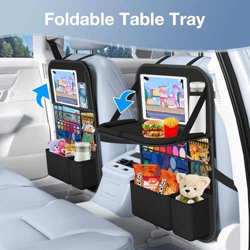 Car Backseat Organizer with Table Tray(2-Pack) 9 Storage Pockets Backseat Car Organizer and storage with Tablet Holder, Kick Mats Back Seat Cover for Kids family Road Trip Essentials Travel