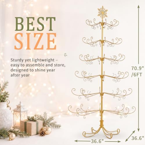 6 Ft Metal Christmas Tree Stand with Snowflake Top, Wrought Ironwork, Gold