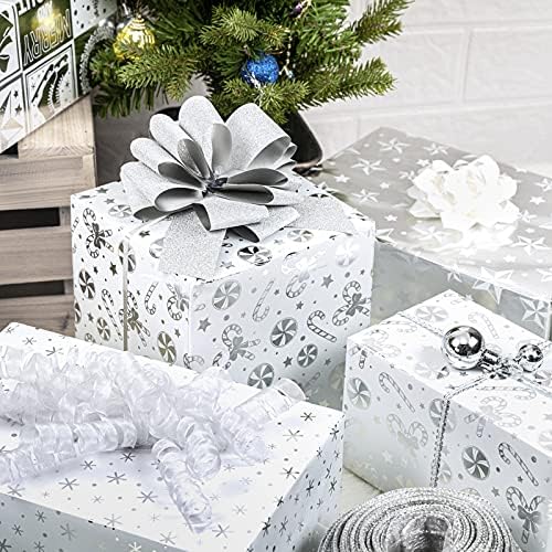 WRAPAHOLIC 30 Inch Silver Christmas Wrapping Paper Roll - Jumbo Roll Silver Snowflakes, Candy Cane Holiday Collection with Metallic Foil Shine - 4 Rolls - 30 Inch x 120 Inch Per Roll