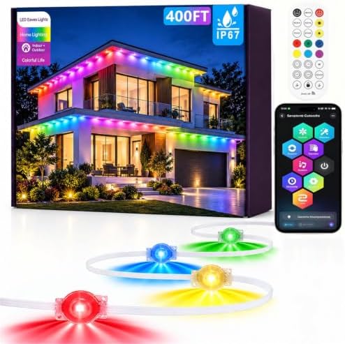 400Ft Permanent Outdoor Lights, RGB+IC Smart LED Eave Lighting with App/Remote Control,IP67 Waterproof,16 Million Colors,Scene Modes, DIY Music Sync, for Christmas, Holiday & Party Decor