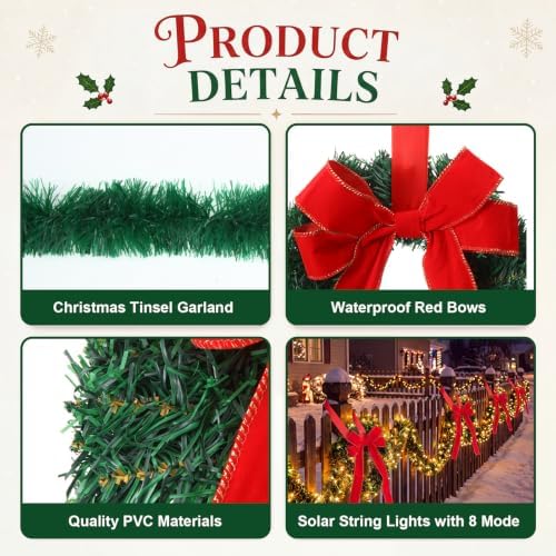 Hotop 8 Pcs Christmas Fence Decorations Outdoor with Solar Lights