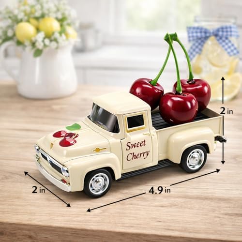 Cherry Truck Decor, Vintage Cream Pickup Truck with Cherry Arrangement, Rustic Farmhouse Summer Tiered Tray Decor, Kitchen Table Centerpiece, Home Office Shelf Decorations
