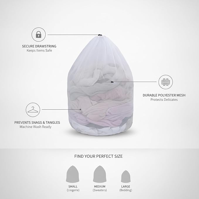 Laundry Mesh Bag with Drawstring, Polyester Net for Delicates, Lingerie, and Knits, White (1 PC)