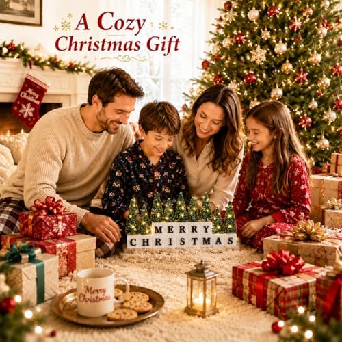 Merry Christmas Table Decor with Warm Lighted Mini Trees and 3D Letters