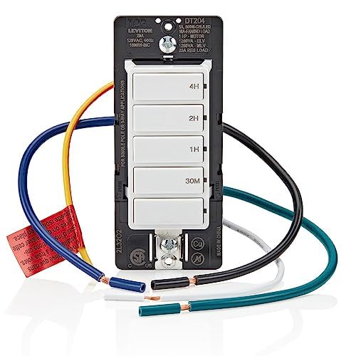 Leviton Countdown Switch for lights, attic, heaters, pool pumps, 30 min, 1-2-4 hour, Neutral Wire Required, 20A, 1 HP/16A Fan/Motor, Single Pole, Multi-Way or Multi-Timer, DT204-1LW, White