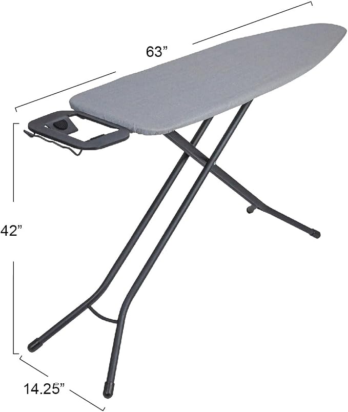 Household Essentials Ultra Ironing Board, 4-Leg, with Steel Top and Iron Rest, Cotton Cover with Fiber Pad, Heat and Stain Resistant, Matte Black Frame, Grey Cover