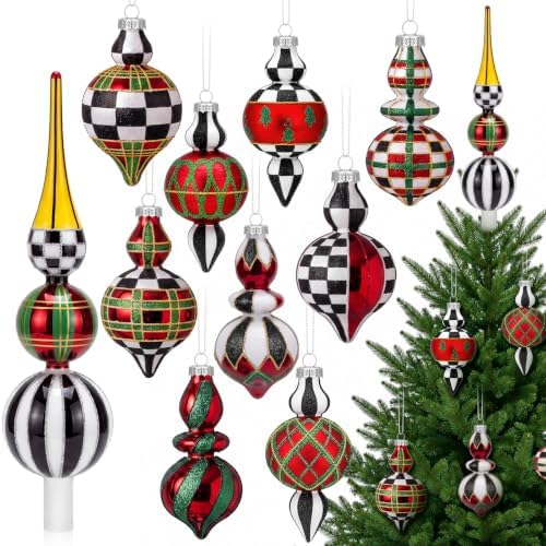 Yinder 10 Pcs Retro Christmas Glass Ornament Red Green Black White Tartan