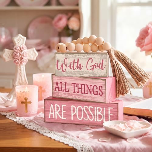 Lineshading 4 Pcs Christian Table Decor Pink God All Things are Possible