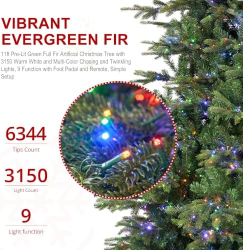 Glitzhome 11ft Prelit Christmas Tree, Green Full Artificial Christmas Tree Vibrant Evergreen Fir with 3,150 Warm White/Multi-Color Chasing and Twinkling Lights, 6,344 PE&PVC Branch Tips, Simple Setup