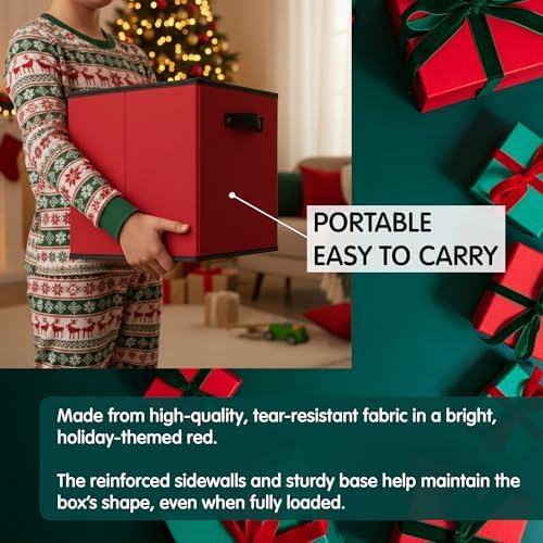 Mobi Lock Christmas Ornament Storage Box with Dividers - Holiday Ornament Organizer Bag - Holds 64 Balls - Durable Red Fabric Container, No Tray - Foldable Xmas Decorations Storage