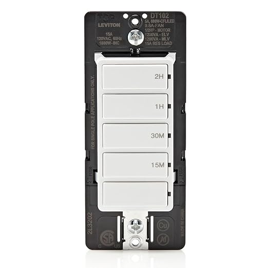 Leviton Countdown Timer Switch for household lights and exhaust fans, 15-30 min, 1-2 hour, No Neutral Wire Required, Single Pole, 15A, 1/2HP/9.8A Fan/Motor, DT102-1LW, White