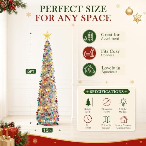 5FT Pop Up Christmas Tree with Lighted Top Star for Christmas Decorations