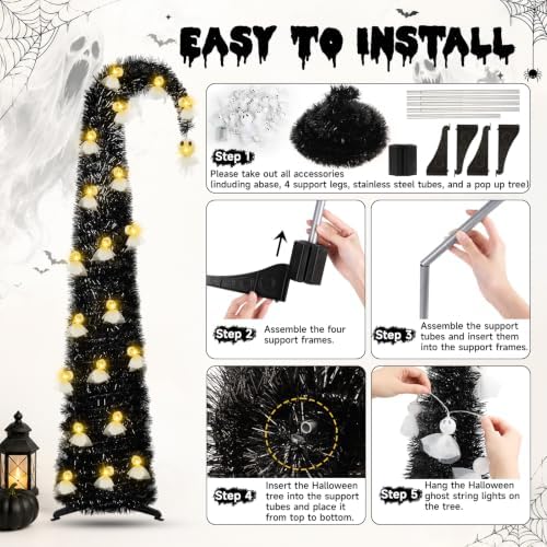 6FT Black Halloween Pop Up Christmas Tree with Ghost String Lights