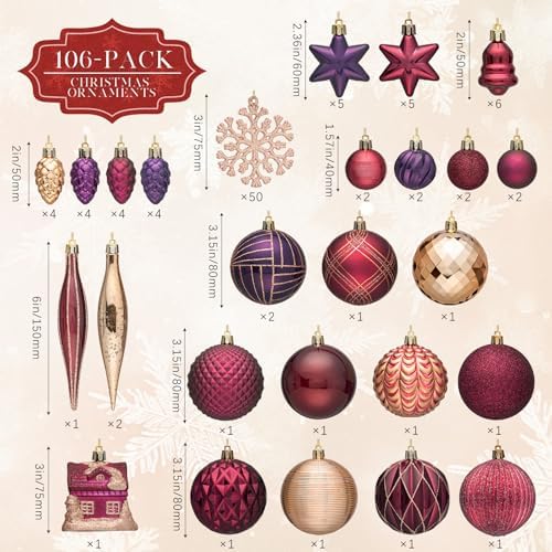 JORNOY 106Pcs Christmas Ornaments Bulk, Shatterproof Plastic Hanging Balls Bulbs Assorted Decor for Tree Decorations Home Holiday Party with Lanyard, Jewel Tone