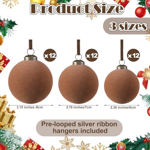 Foilswirl 36 Pcs Brown Velvet Christmas Balls, 2.36", 2.76", 3.15"