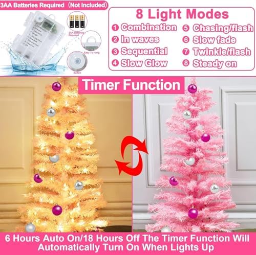 Remote Control&Timer&8 Modes 3 Ft Pink Christmas Tree with DIY 50 Warm Lights 15 Ball Ornaments 3D Star Battery Operated Pencil Full Valentines Tree Xmas Christmas Decorations Table Home Fireplace