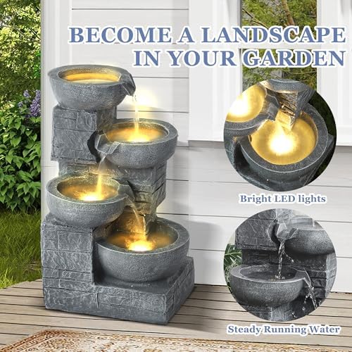 Grepatio 4-Tiers Indoor/Outdoor Garden Water Fountain, 21.9" H Cascading Water Feature Waterfalls Fountain with 4 LED Lights, Outdoor Floor Standing Water Fountains for Garden, Yard, Decor (Grey)