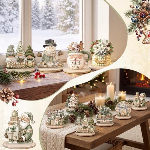 Leinuosen 12 Pcs Christmas Table Decoration Neutral Christmas Tiered Tray Decor Wooden Santa Claus Table Centerpiece Snowman Gnomes Wreath Farmhouse Xmas Decor for Home Kitchen Coffee Bar Shelf Indoor