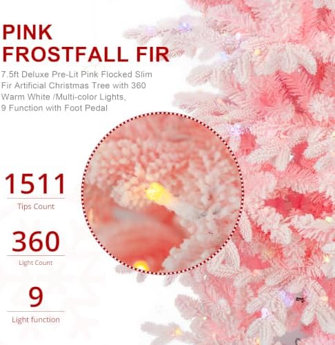 Glitzhome 7.5ft Prelit Artificial Christmas Tree, Slim Pink Frostfall Fir Xmas Tree with 360 Warm White & Multi-Color Lights, 1,486 Branch Tips, Flocked Christmas Tree for Indoor Holiday Spaces