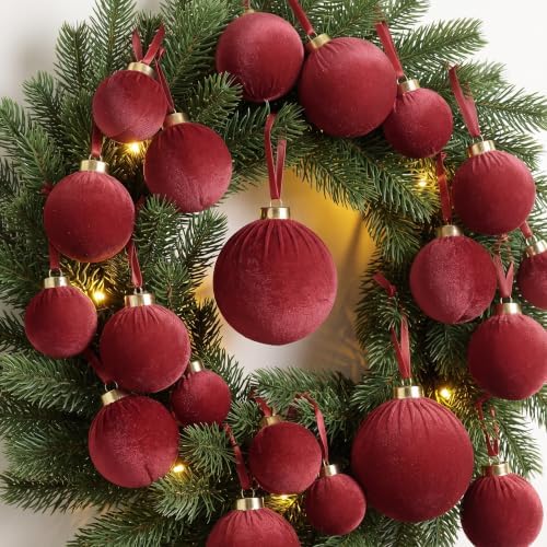 ZenNex 48 Pcs Velvet Christmas Balls Bulk, Flocked Xmas Tree Ornaments, Red