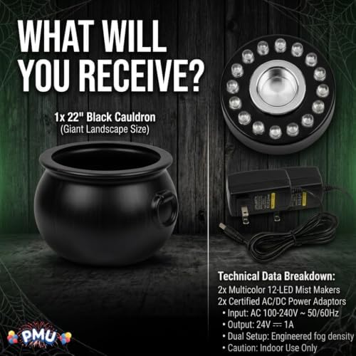 PMU 3pcs Set, 22in Large Black Cauldron w/Mist Maker & Multicolor Fogger