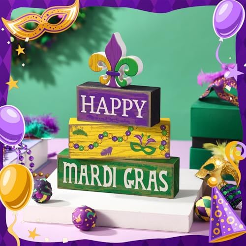 Moucuny 4 Pcs Mardi Gras Wooden Block Signs Tiered Tray Farmhouse Table