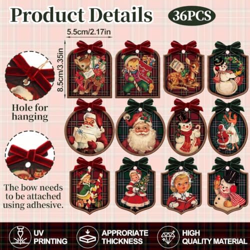 Huwena 36 Pcs Vintage Christmas Tree Ornaments, Plaid, Red Green