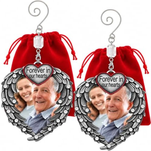 Memorial Photo Ornaments Set of 2 – “Forever in Our Hearts” Silver Heart with Angel Wings – in Memory Picture Ornament – Sympathy Gift for Loss of Loved One – 3.5" H x 3" W – Gift Storage Bags