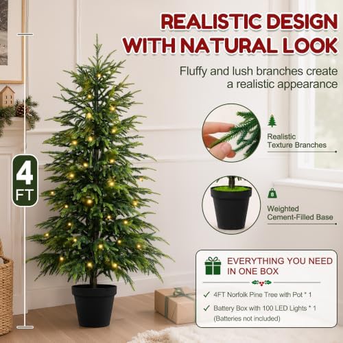 2Pcs 4FT Norfolk Pine Tree with Lights, Christmas Tree for Xmas Decor