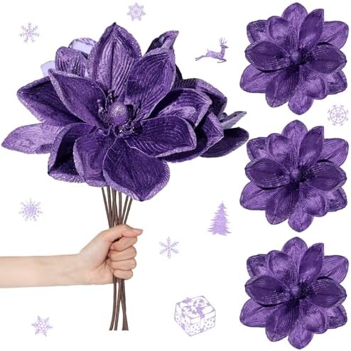 Thiccywoov 8 Pack Large 16'' Christmas Velvet Magnolia Flowers, Purple