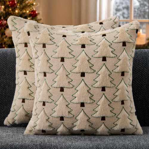 Allorry Christmas Pillow Covers 16x16 inch Set of 2 Christmas Decorations Soft Plush Faux Fur Wool Beige Xmas Tree Throw Pillow Cases Winter Holiday Decor for Sofa Living Room PT-012C16