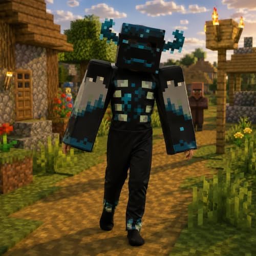 Minecraft Warden Costume, Official Deluxe Minecraft Costume for Kids with Headpiece and Jumpsuit, Child Size (7-8)