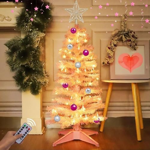 Remote Control&Timer&8 Modes 3 Ft Pink Christmas Tree with DIY 50 Warm Lights 15 Ball Ornaments 3D Star Battery Operated Pencil Full Valentines Tree Xmas Christmas Decorations Table Home Fireplace