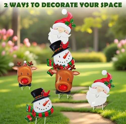 Metal Christmas Decor, Garden Art with 3 Santa Claus, Snowman, Elk Stakes