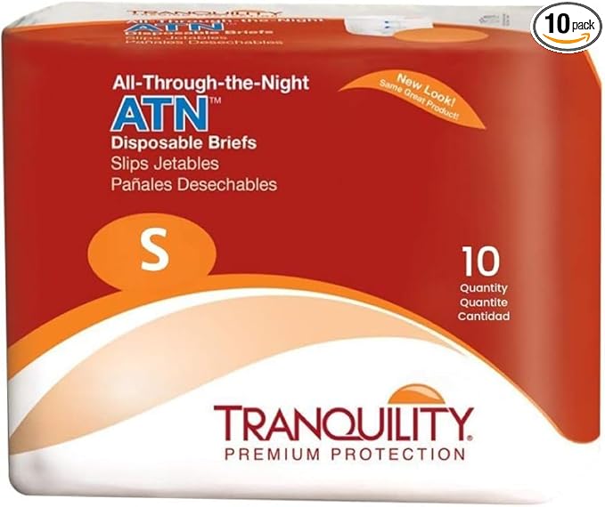 Tranquility Premium ATN Disposable Briefs with Tabs, Overnight Protection Superabsorbent Core for Leak-Free and Full-Fit Comfort, Small 100ct Case