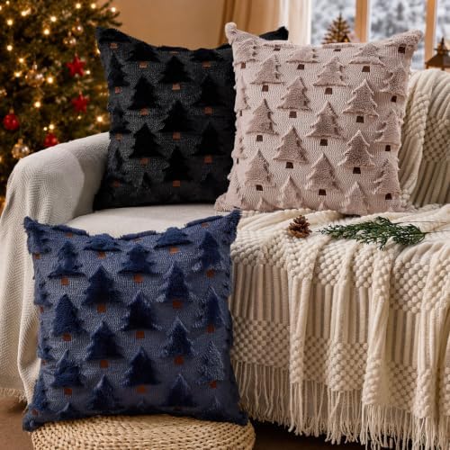Allorry Christmas Pillow Covers 18x18 inch Set of 2 Black Christmas Decorations Soft Plush Faux Fur Wool Christmas Tree Throw Pillow Cases Winter Holiday Decor for Sofa Living Room PT002J18