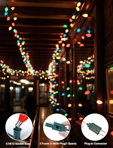 C7 LED Colored Christmas Lights Outdoor, 25FT Vintage Colored Christmas Lights with 25 LED Ceramic Glass Multicolor Bulbs for Xmas Roofline Indoor Outdoor Garden Patio Yard Decoration, Green Wire