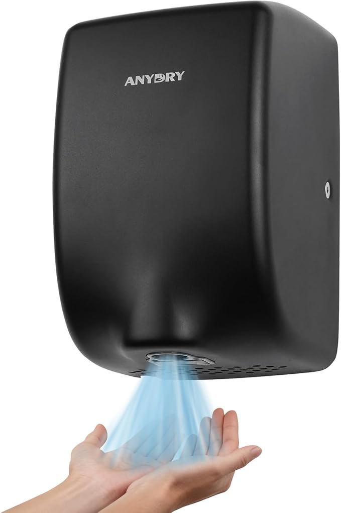 anydry Compact Hand Dryer, High-Speed 1350W Airflow, Matte Black Finish, Space-Saving for Commercial & Home Use, Model AD2803Y