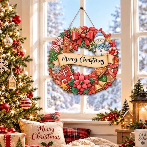 Christmas Decorations Gingerbread Snowman Merry Christmas Wreath Wood Sign