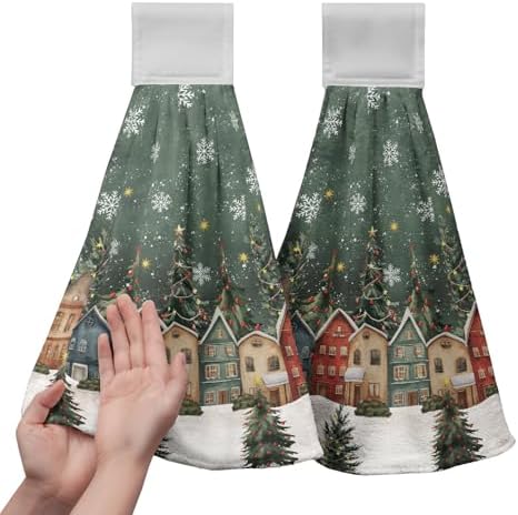 Christmas Hanging Hand Towels Xmas Wonderland Forest House Dish Towel with Hanging Loops Winter Rustic Farmhouse Kitchen Tie Towel Soft Absorbent Fingertip Bath Tie Towel for Bathroom Set of 2