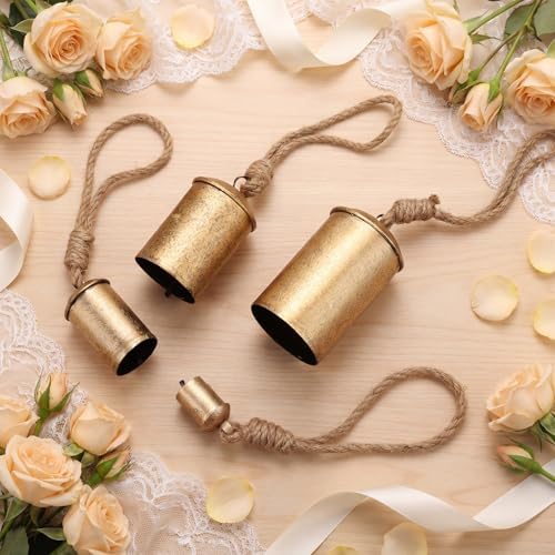 AceOrbit 12 Pcs Wedding Rustic Metal Cow Bells Set 1.75"/3"/4"/5" Hanging Vintage Giant Gold Christmas Harmony Bells on Jute Rope Vintage Farmhouse Xmas Tree Ornaments for Craft Wedding Decorations