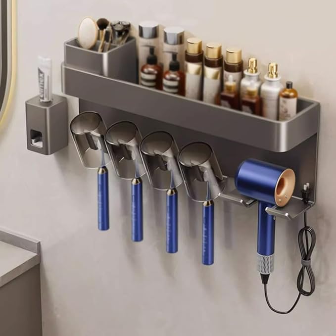 Toothbrush Rack Aluminum Toothpaste Holder Bathroom Wall-Mounted Toothbrush Holder Cosmetics Storage Rack Can Hold Hair Dryer Bathroom Toothbrush Holder, S44cm