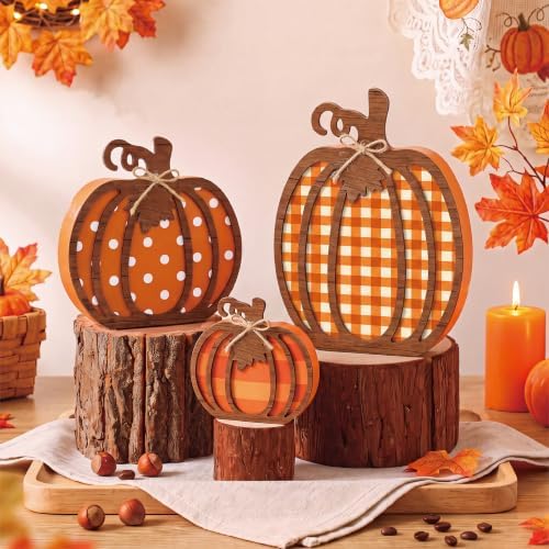 3 Pcs Fall Pumpkin Decor, Wooden Autumn Fall Decorations for Home