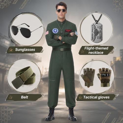 Men Fighter Pilot Costume Halloween Adult Flight Suit Jumpsuit 6PCS